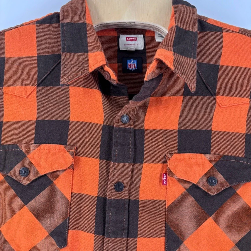 Levi's Western Flannel Shirt Men's XL Orange Black Buffalo Checkered Plaid NFL